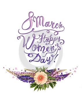 8 March. Happy womenÃ¢â¬â¢s day! Card with decor of flowers